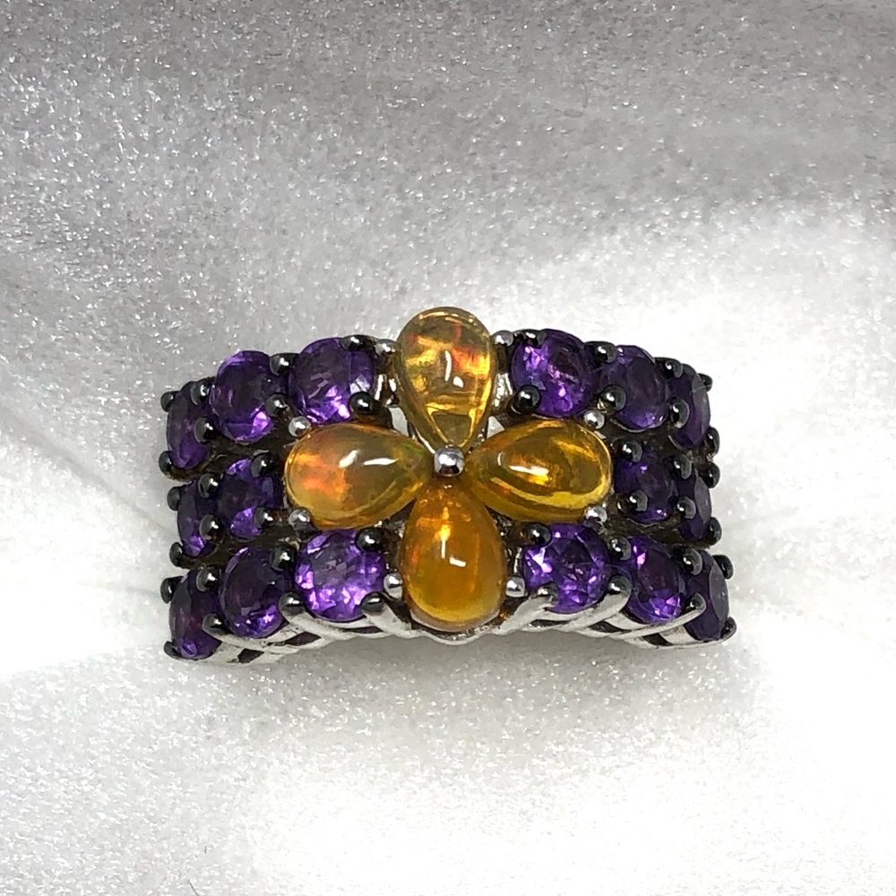 Ethiopian Opal & Rhodolite Ring Rhodium Over Sterling Silver Band Size 5.75 - Picture 5 of 16